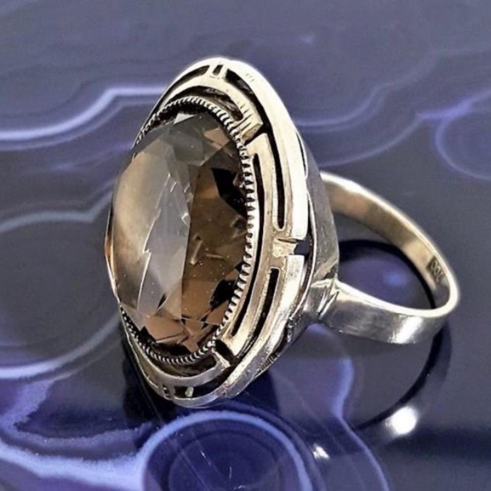 Faceted Smokey Quartz and Sterling Silver Vintage Cocktail Ring Size 6